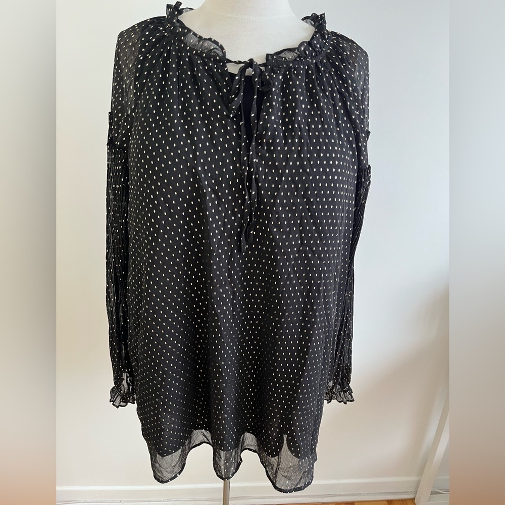 Sheer Black/metallic gold dot size 2X Blouse, ruffled tie neck gathered sleeve